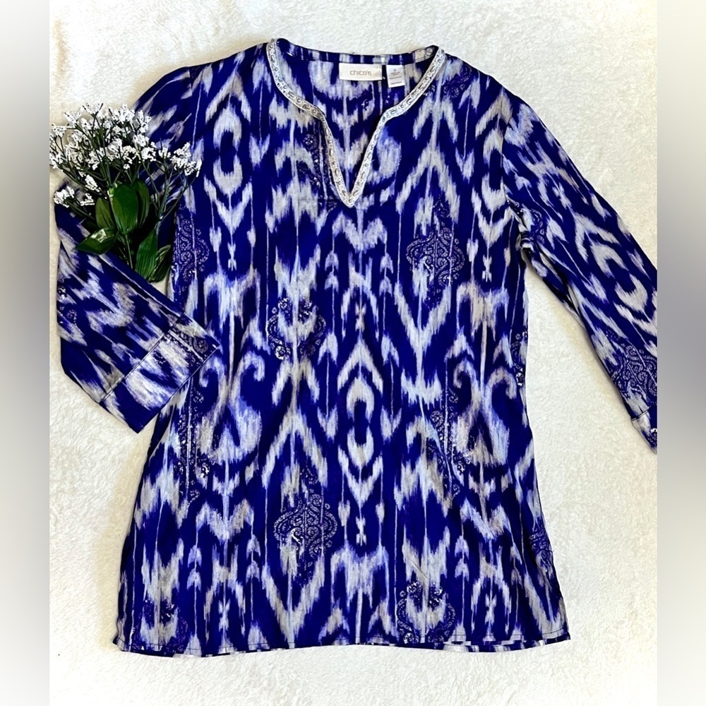 Chico's Purple Boho Printed Beaded Blouse - Size 0/Small